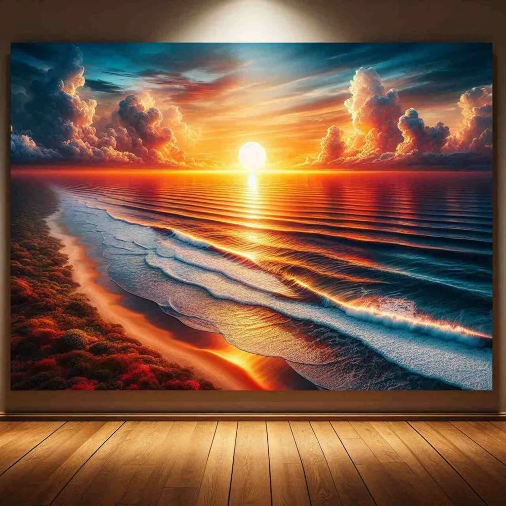 Ilustração impressa do entardecer na praia